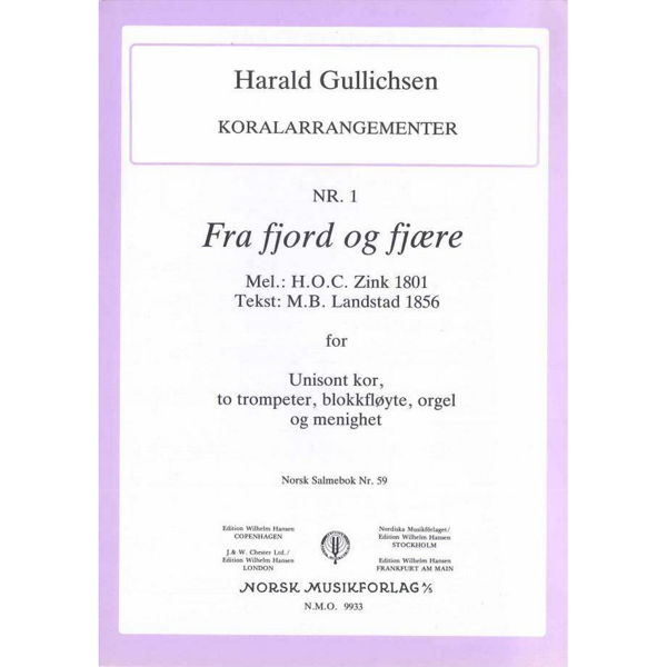 Fra Fjord Og Fjære, Harald Gullichsen. Unisont Kor, 2 Trompeter, Blokkfløyte, orgel og Menighet. Korpartitur