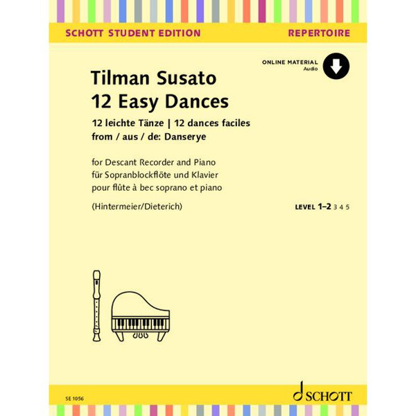 12 Easy Dances, Tilman Susato. Soprano Recorder and Piano. Book with Online Audio